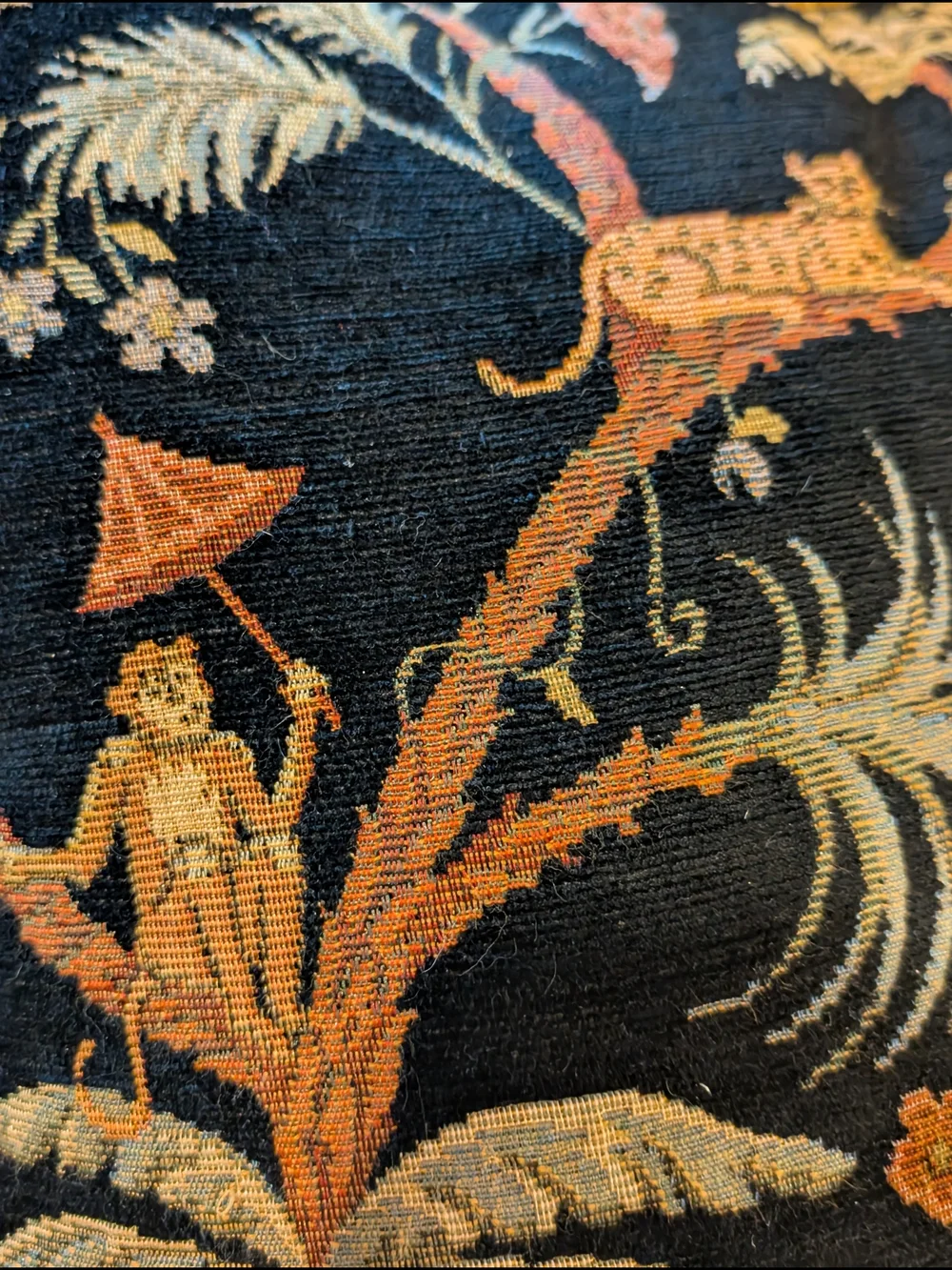 Vintage 90's Tapestry Pillows Woven Jacquard Wooden Beaded Trim Set Of 2